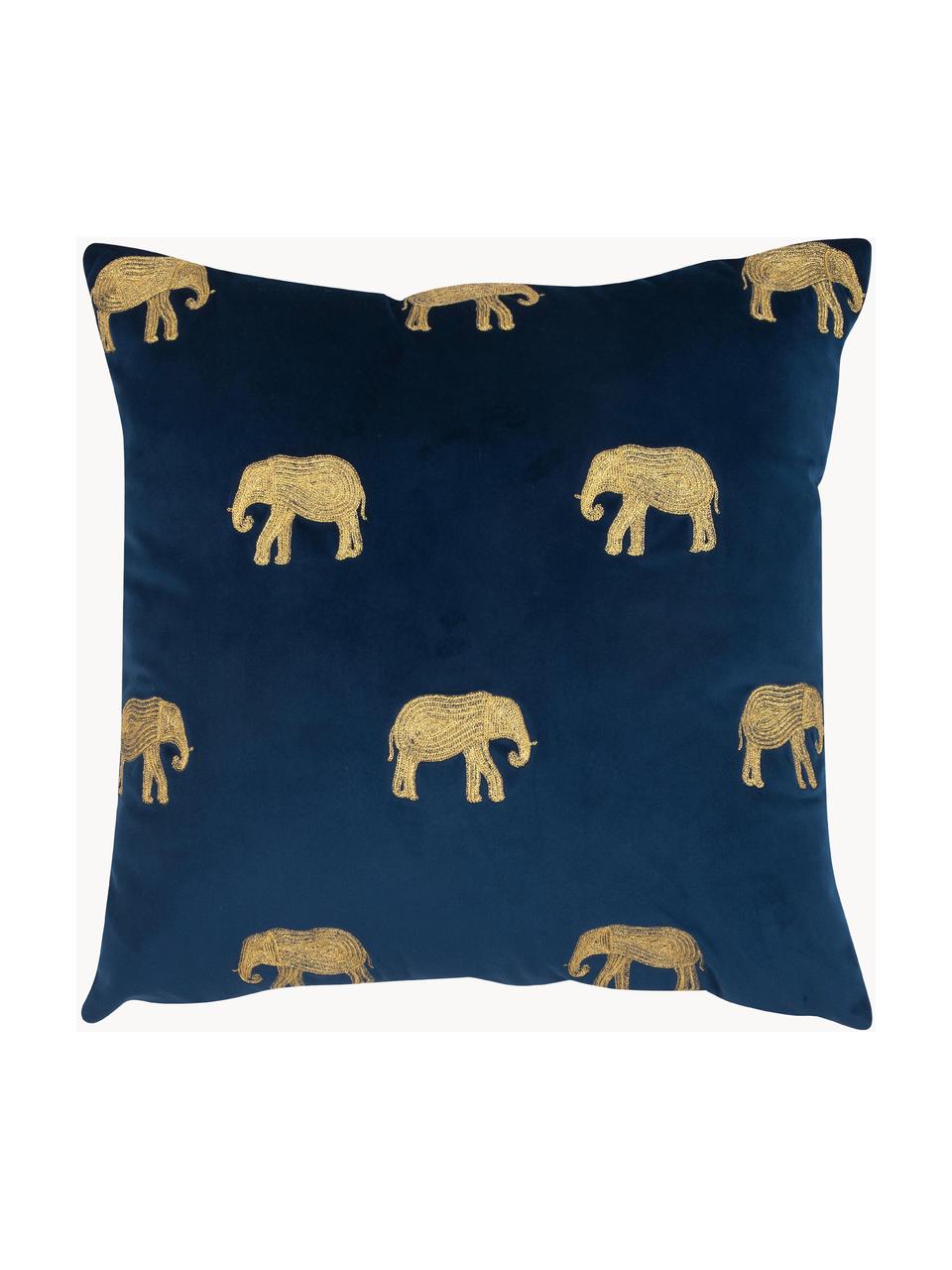 Geborduurde fluwelen kussenhoes Elefco, 100% polyester fluweel, Donkerblauw, goudkleurig, B 40 x L 40 cm