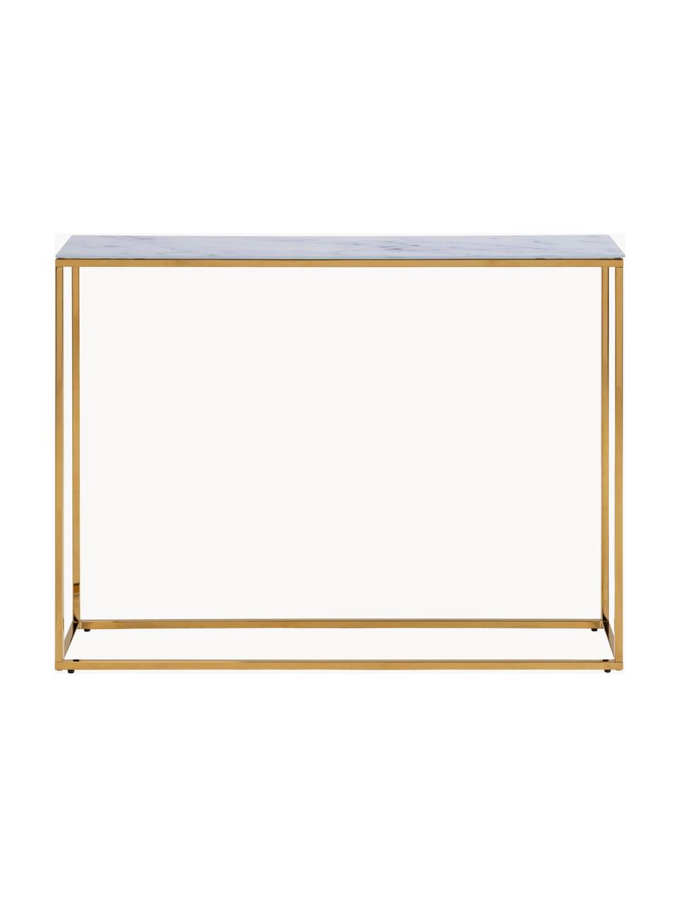 Consola de recibidor Aruba, tablero de vidrio aspecto mármol, Tablero: vidrio laminado, metal, e, Estructura: metal con pintura en polv, Aspecto mármol blanco, dorado, An 110 x Al 81 cm