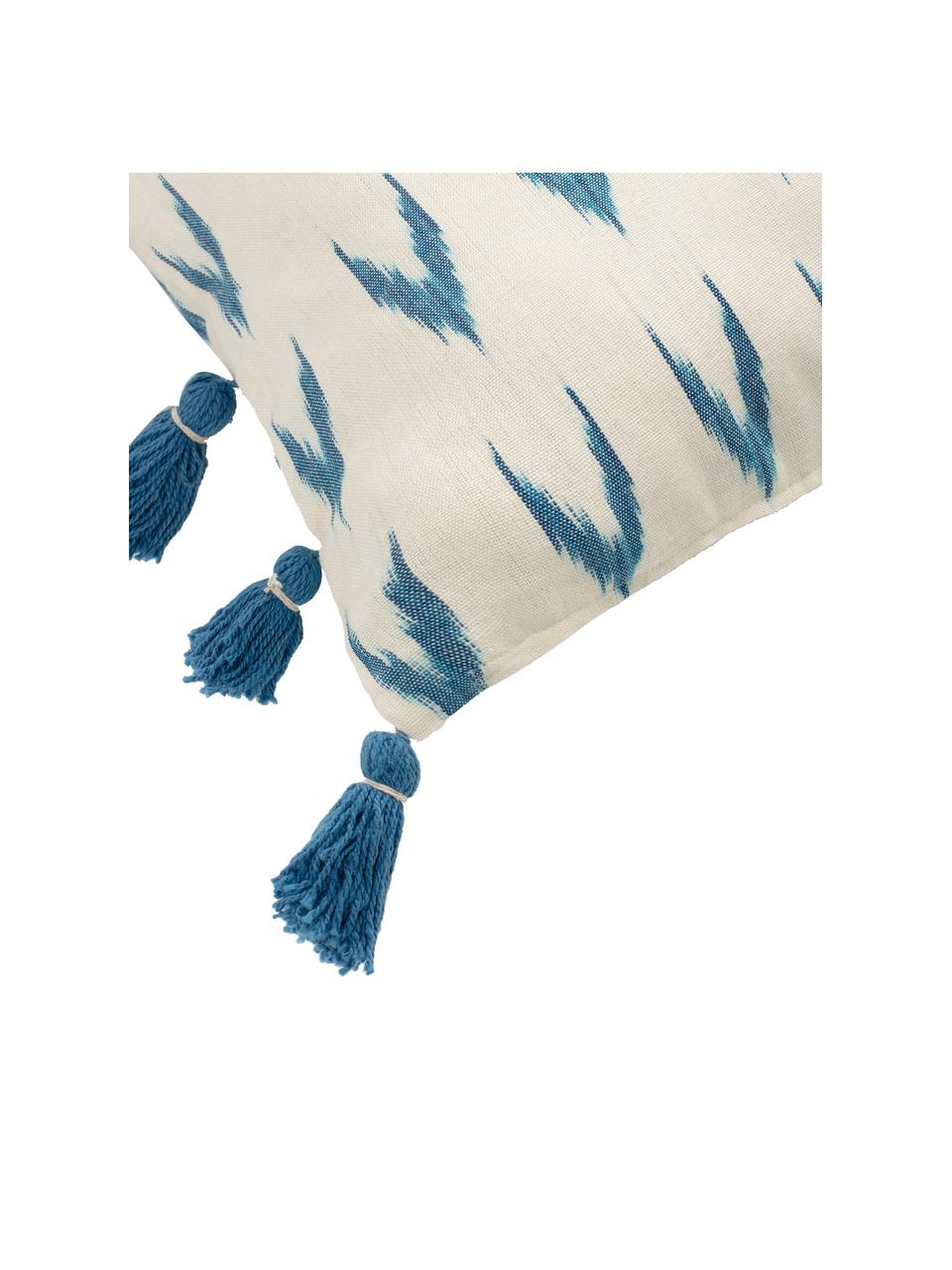 Boho kussenhoes Cala met blauwe kwastjes, 100% katoen, Blauw, wit, 30 x 60 cm