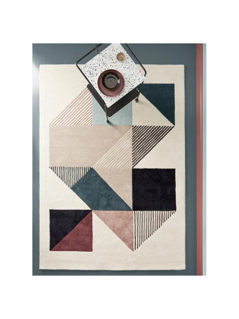 Tapis design pure laine Mikill, Beige- et tons bleus, rouge, rose, noir