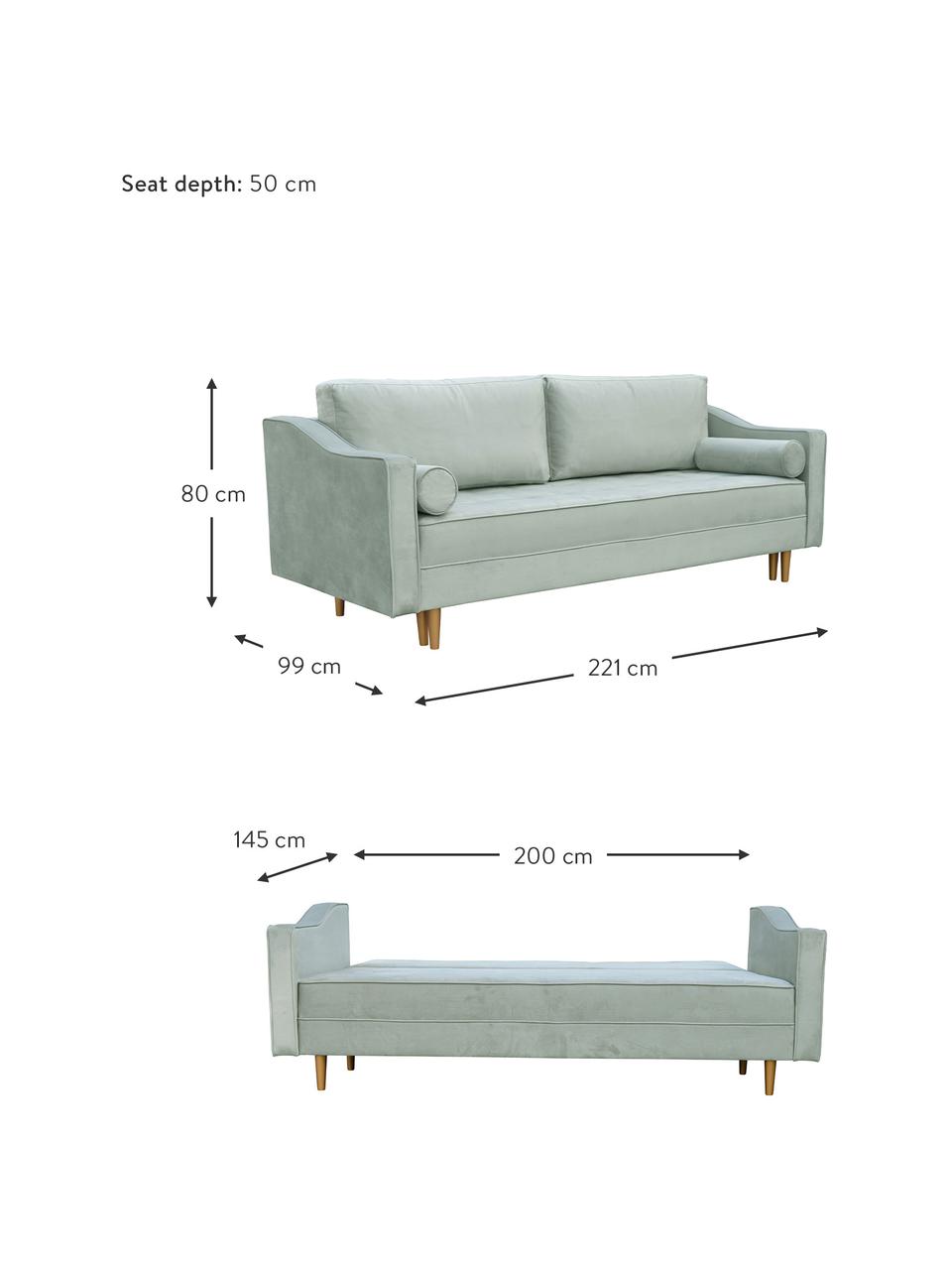 Sametová rozkládací pohovka Zoja (2místná), Mátově zelená, Š 221 cm, H 99 cm