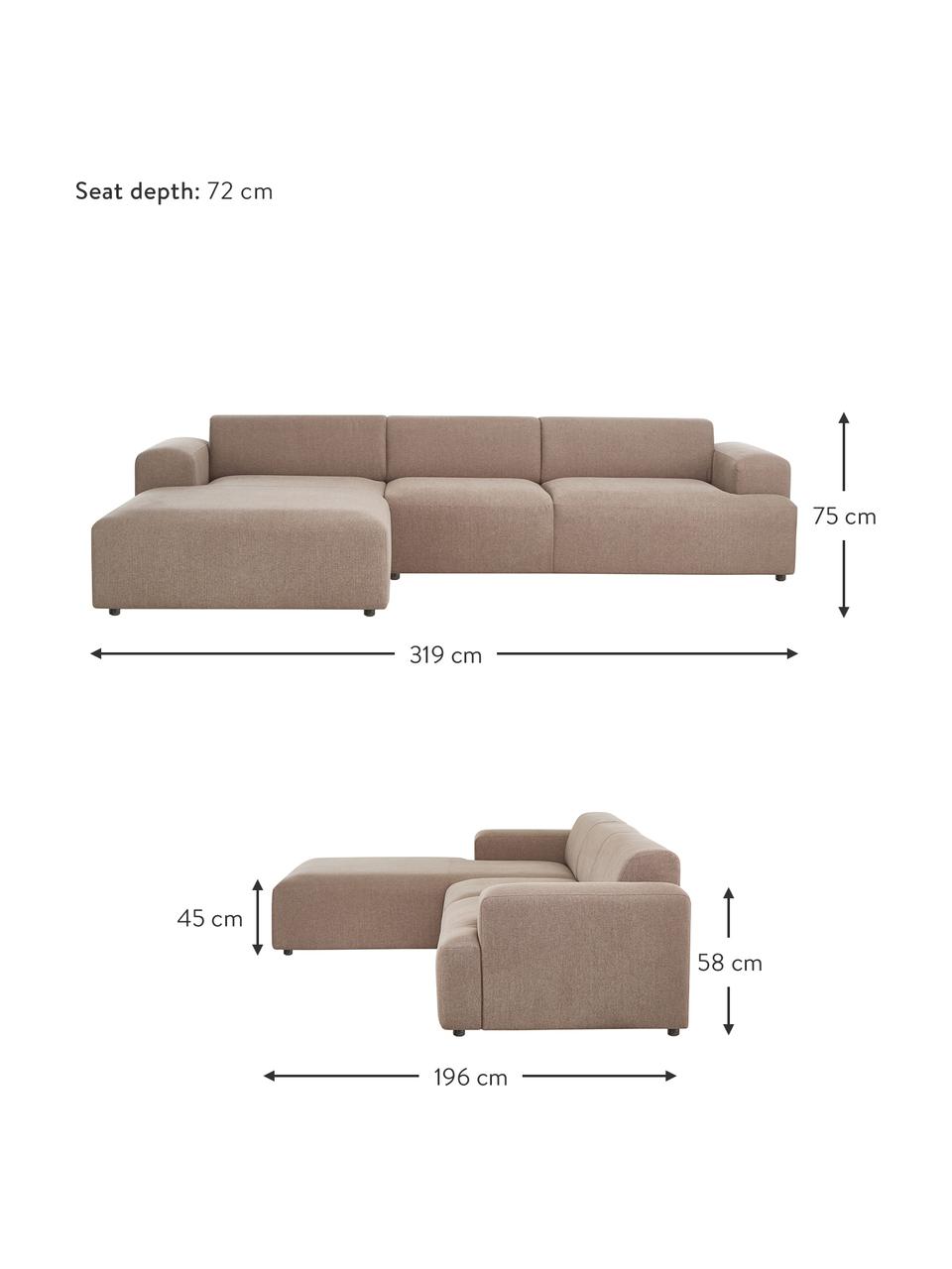 Hoekbank Melva (4-zits), Bekleding: 100% polyester De slijtva, Frame: massief grenenhout, FSC-g, Poten: kunststof, Geweven stof taupe, B 319 x D 196 cm, hoekdeel links