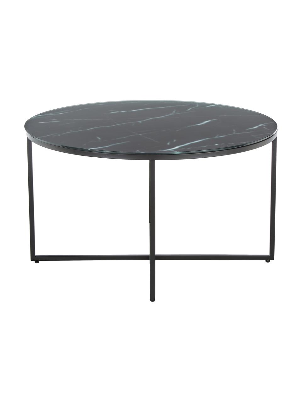 Okrúhly konferenčný stolík so sklenenou doskou s mramorovým vzhľadom Antigua, Mramorový vzhľad, čierna, Ø 80 cm
