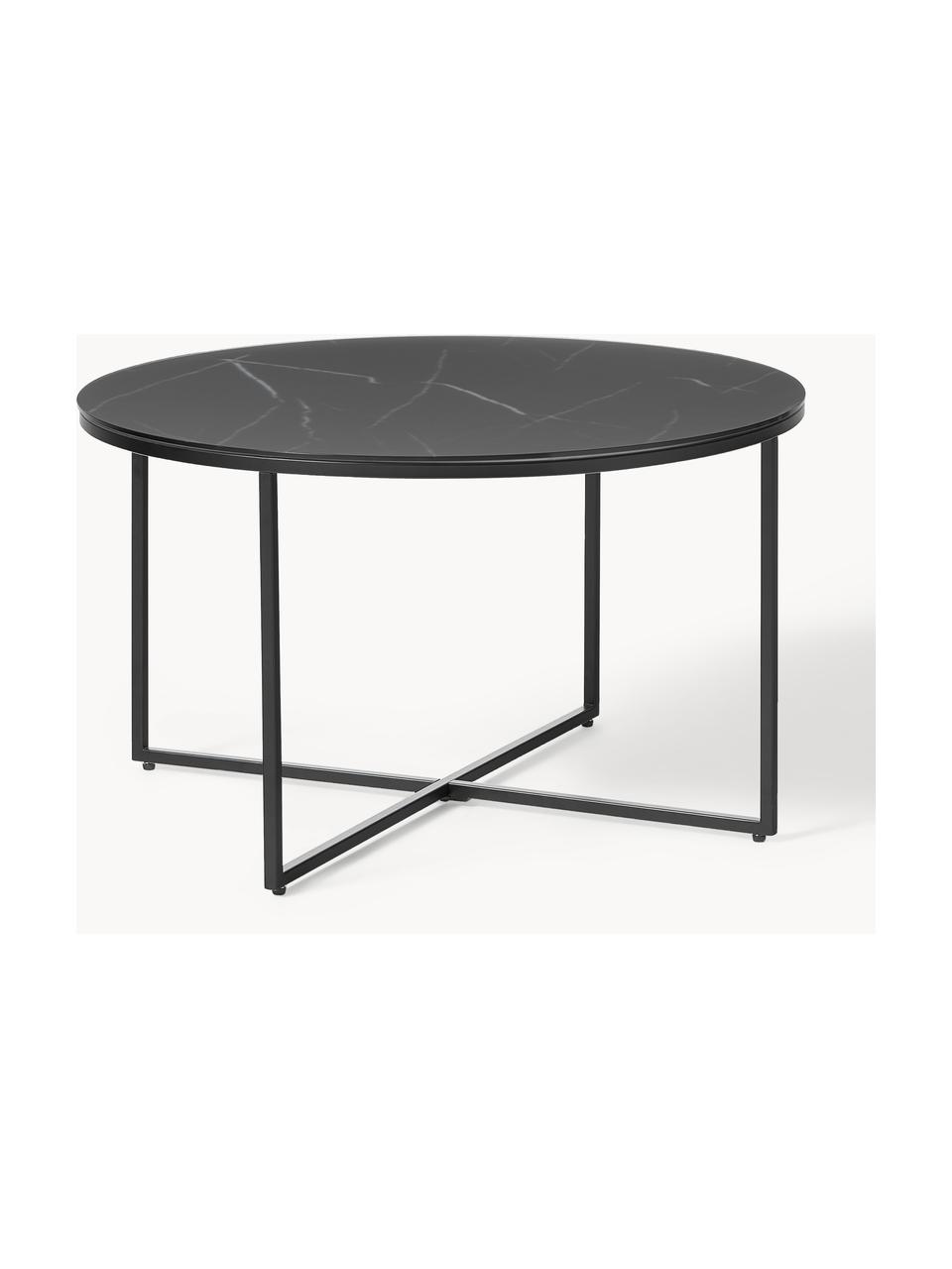 Mesa de centro redonda con tablero de vidrio en look mármol Antigua, Tablero: vidrio estampado en efect, Estructura: acero con pintura en polv, Aspecto mármol negro mate, Ø 80 cm