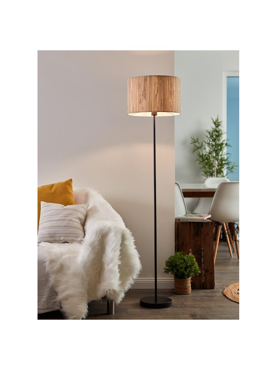 Lampadaire en jonc de mer Wimea, Beige clair, noir, Ø 38 x haut. 162 cm