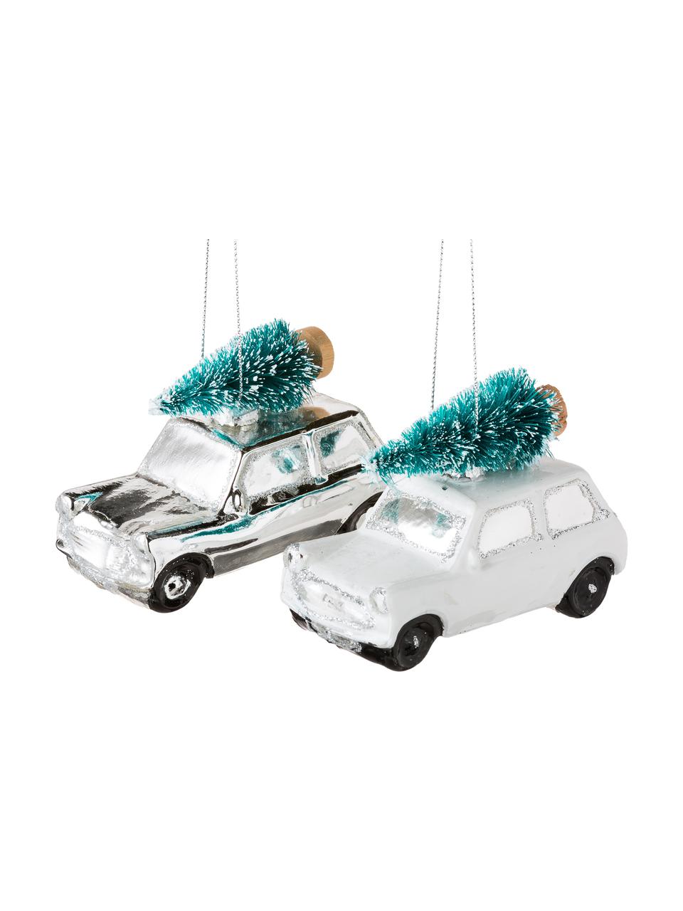 Baumanhänger Christmas Cars, 2-tlg., Glas, Kunststoff, Weiß, Silberfarben, 10 x 7 cm