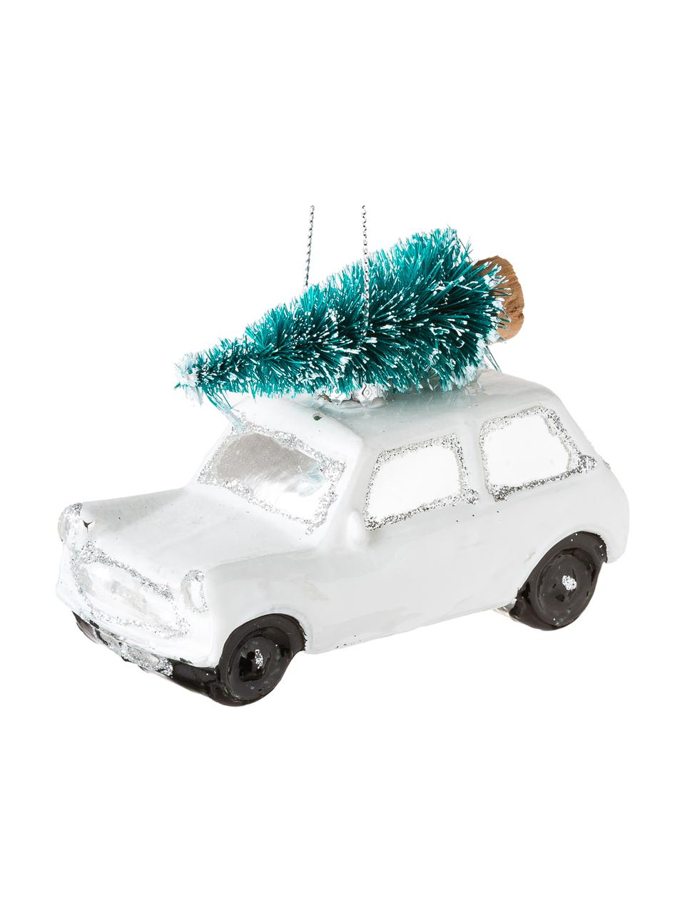 Baumanhänger Christmas Cars, 2-tlg., Glas, Kunststoff, Weiß, Silberfarben, 10 x 7 cm