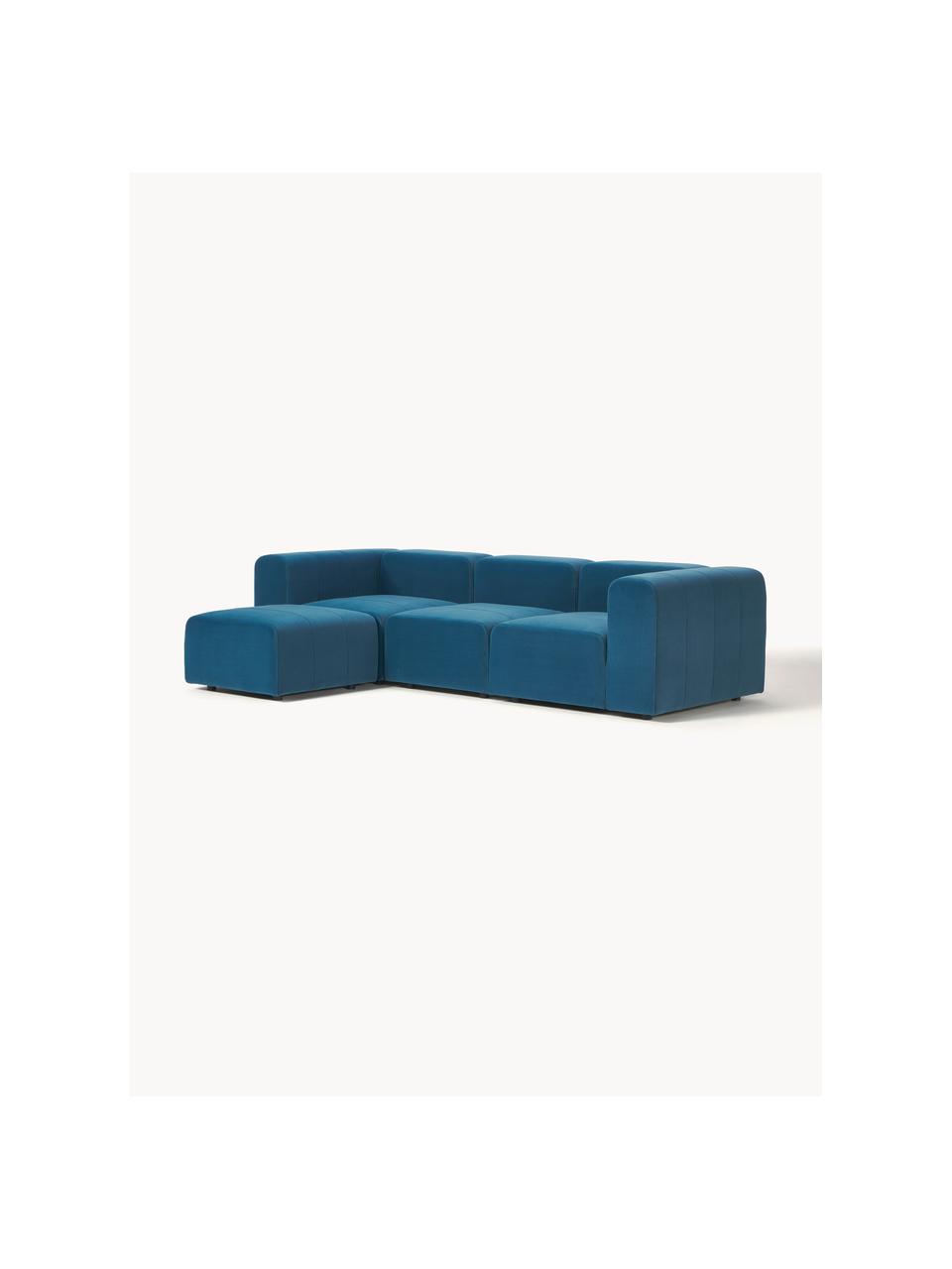 Sofá modular de terciopelo Lena (4 plazas), con reposapiés, Tapizado: terciopelo (100% poliéste, Estructura: madera de pino, contracha, Patas: plástico., Terciopelo azul petróleo, An 284 x F 181 cm