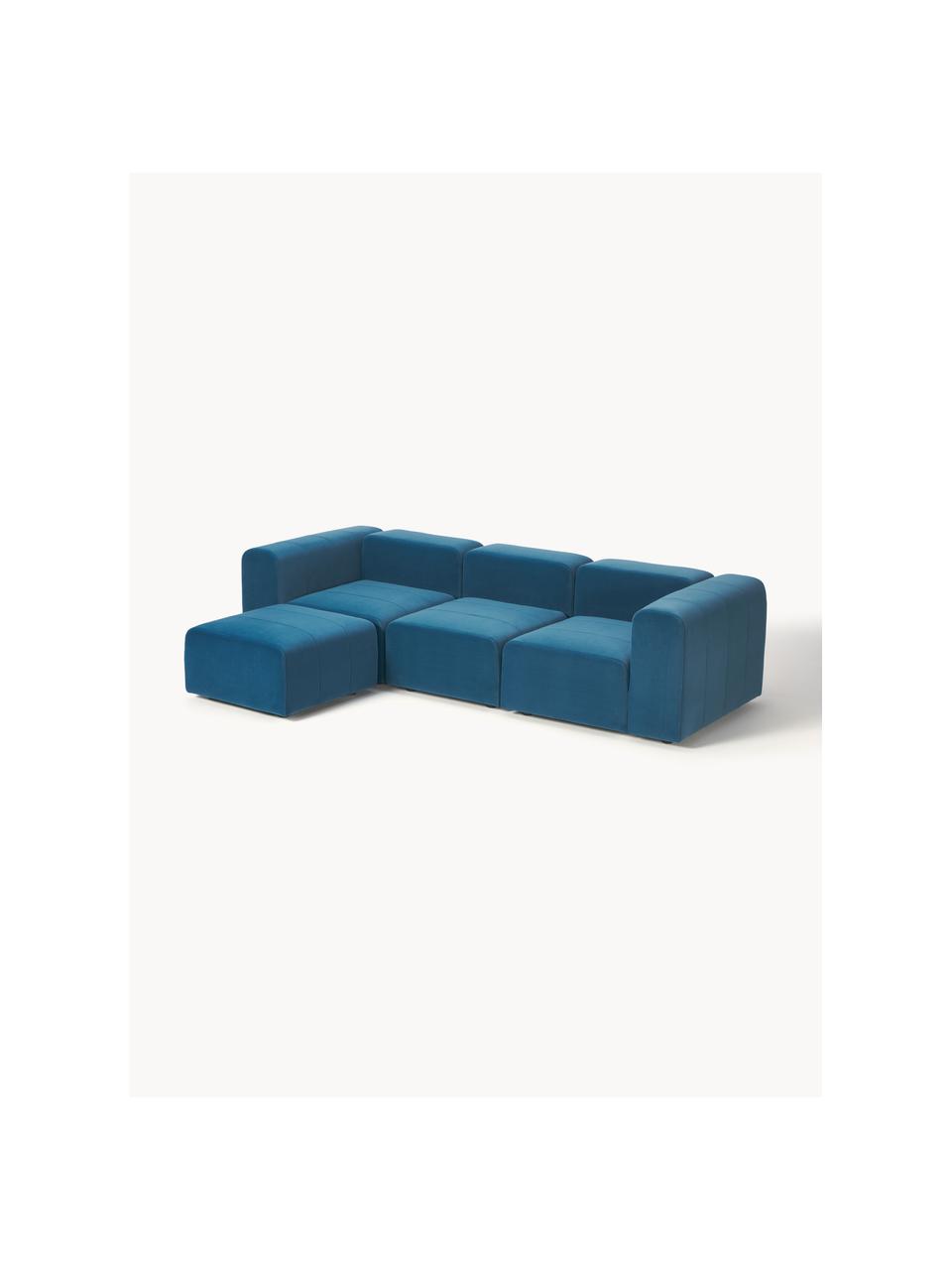 Divano componibile 4 posti in velluto con poggiapiedi Lena, Rivestimento: velluto (100% poliestere), Struttura: legno di pino, legno lami, Piedini: plastica, Velluto grigio-blu, Larg. 284 x Prof. 181 cm