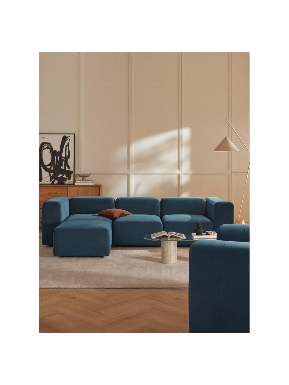 Canapé modulable 4 places en velours avec pouf Lena, Velours bleu pétrole, larg. 284 x prof. 181 cm