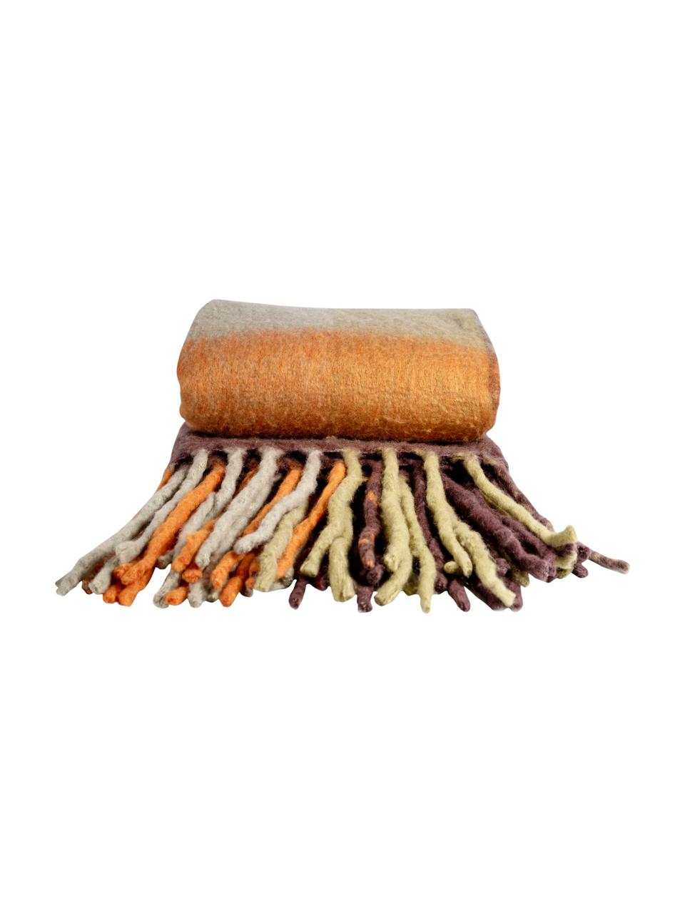 Manta de lana con flecos Check, 50% lana, 50% acrílico, Naranja, marrón, An 125 x L 150 cm