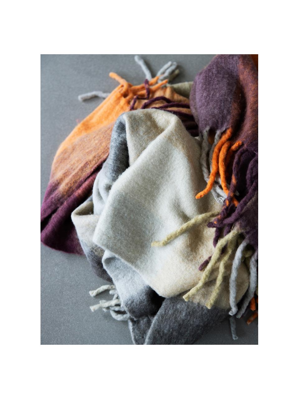 Plaid en laine brun/orange à franges Check, 50 % laine, 50 % acrylique, Orange, brun, larg. 125 x long. 150 cm