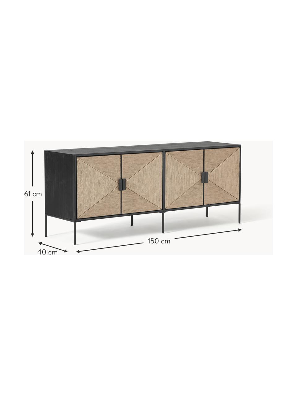 Aparador con puertas de madera de mango maciza June, Estructura: madera maciza de mango ba, Patas: metal con pintura en polv, Negro, madera de mango, An 150 x Al 61 cm