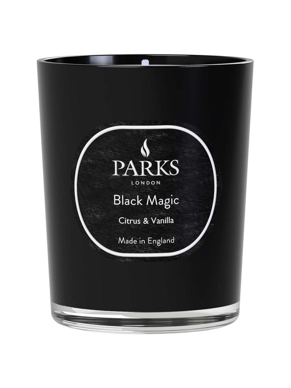 Duftkerze Black Magic (Zitrus, Vanille, Patschuli & Lavendel), Behälter: Glas, Deckel: Metall, Zitrus & Vanille, Ø 7 x H 9 cm
