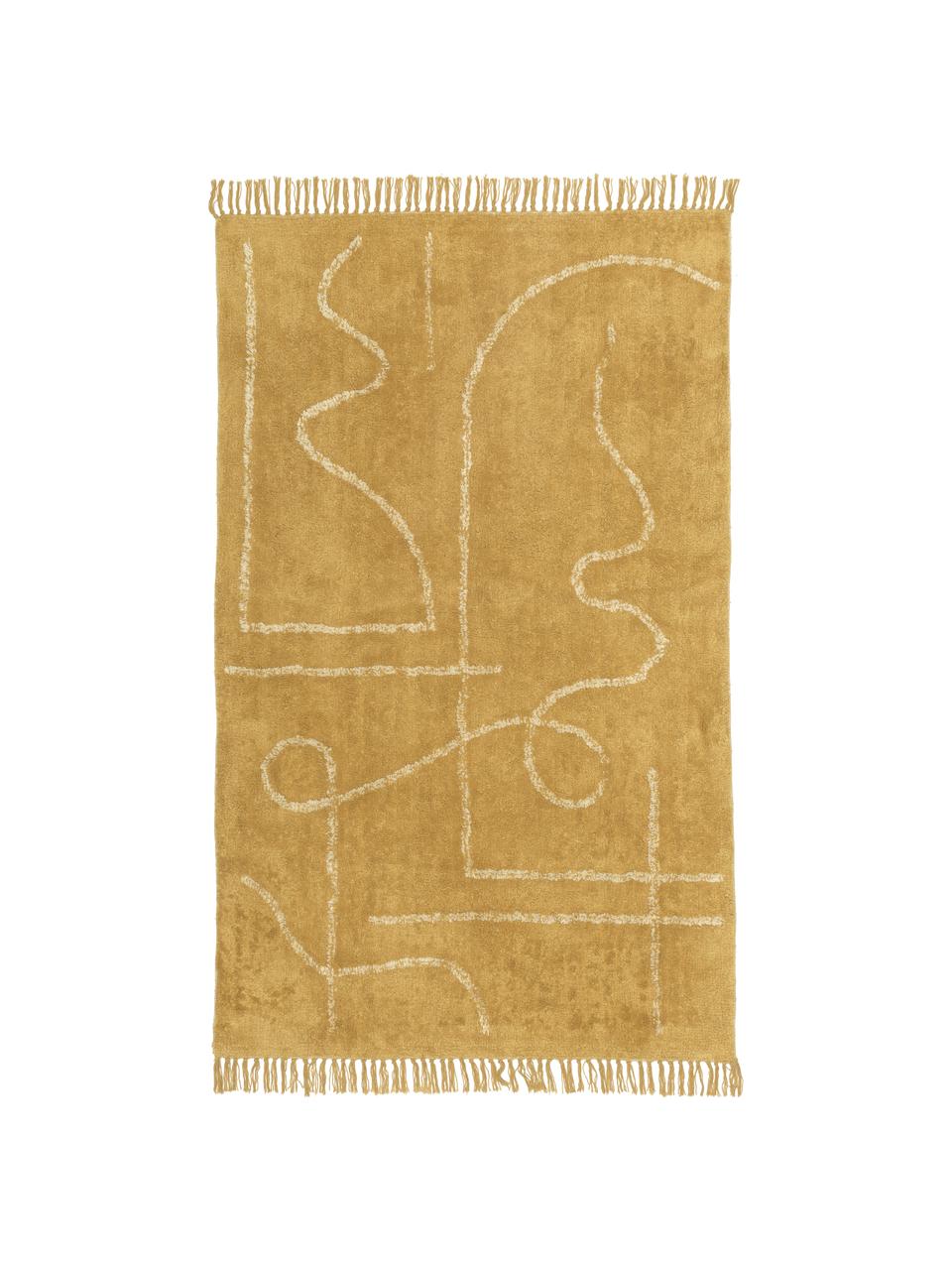 Ręcznie tuftowany dywan z bawełny z frędzlami Lines, Musztardowy, S 80 x D 150 cm (Rozmiar XS)