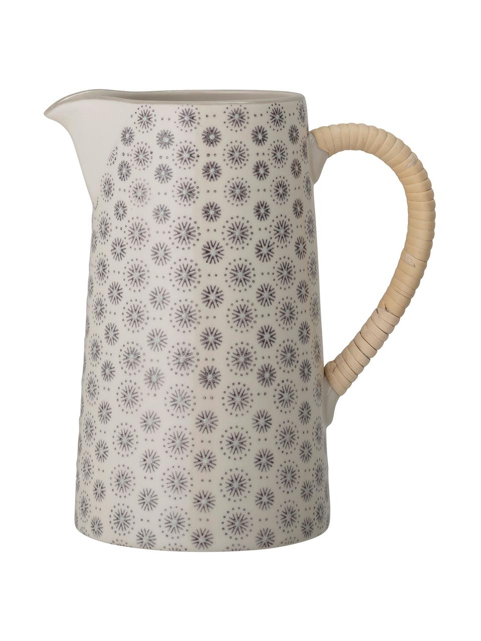 Pichet imprimé fleurs en grès Elsa, 1,5 L, Grès cérame, fibres de bambou, Gris, couleur crème, Ø 14 x haut. 23 cm