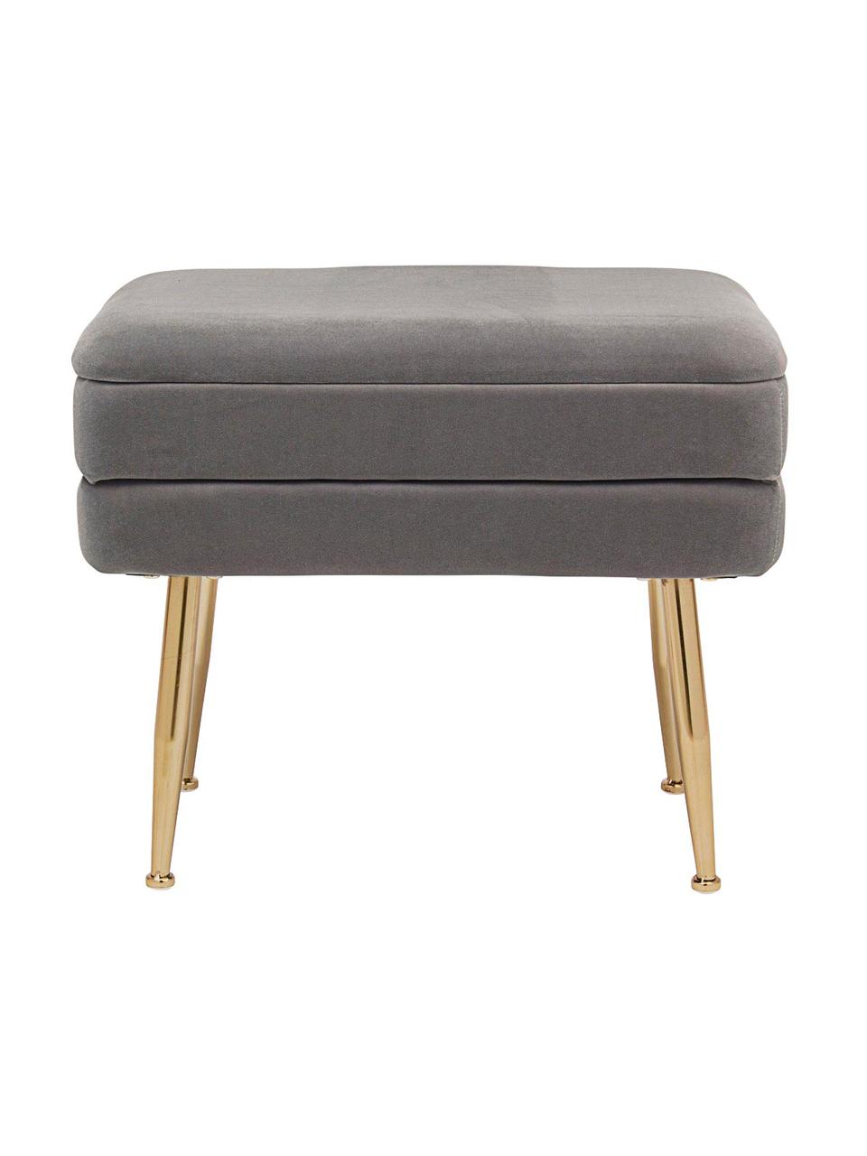 Fluwelen gestoffeerde bank Pavlina met opbergfunctie, Bekleding: polyester fluweel, Frame: MDF, Poten: gecoat metaal, Fluweel grijs, messingkleurig, B 80 x H 42 cm
