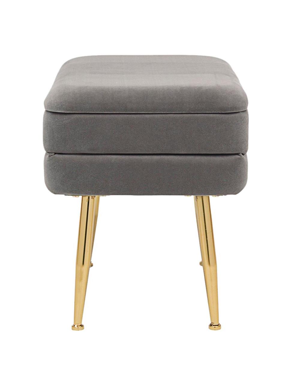 Banquette en velours avec rangement Pavlina, Gris, couleur laitonnée, larg. 80 x haut. 42 cm