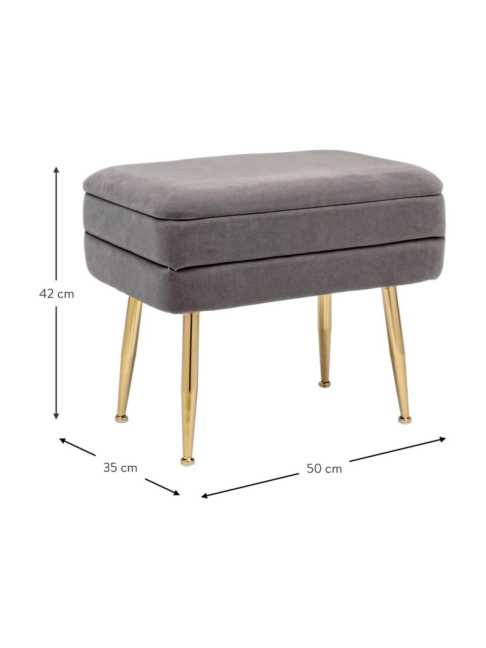 Banco de terciopelo Pavlina, con espacio de almacenamiento, Tapizado: terciopelo de poliéster, Estructura: tablero de fibras de dens, Patas: metal recubierto, Terciopelo gris, latón, An 80 x Al 42 cm