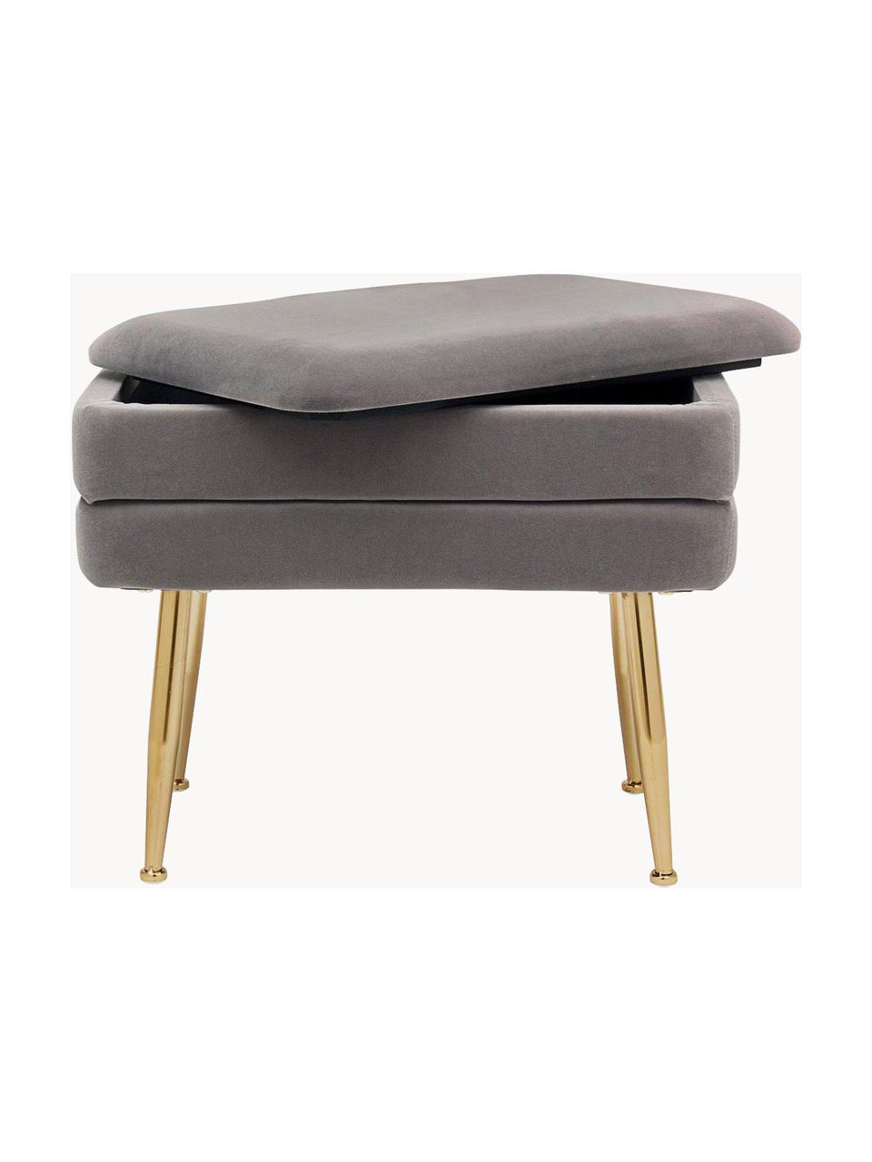 Banquette en velours avec rangement Pavlina, Velours gris foncé, pieds dorés, larg. 80 x haut. 42 cm