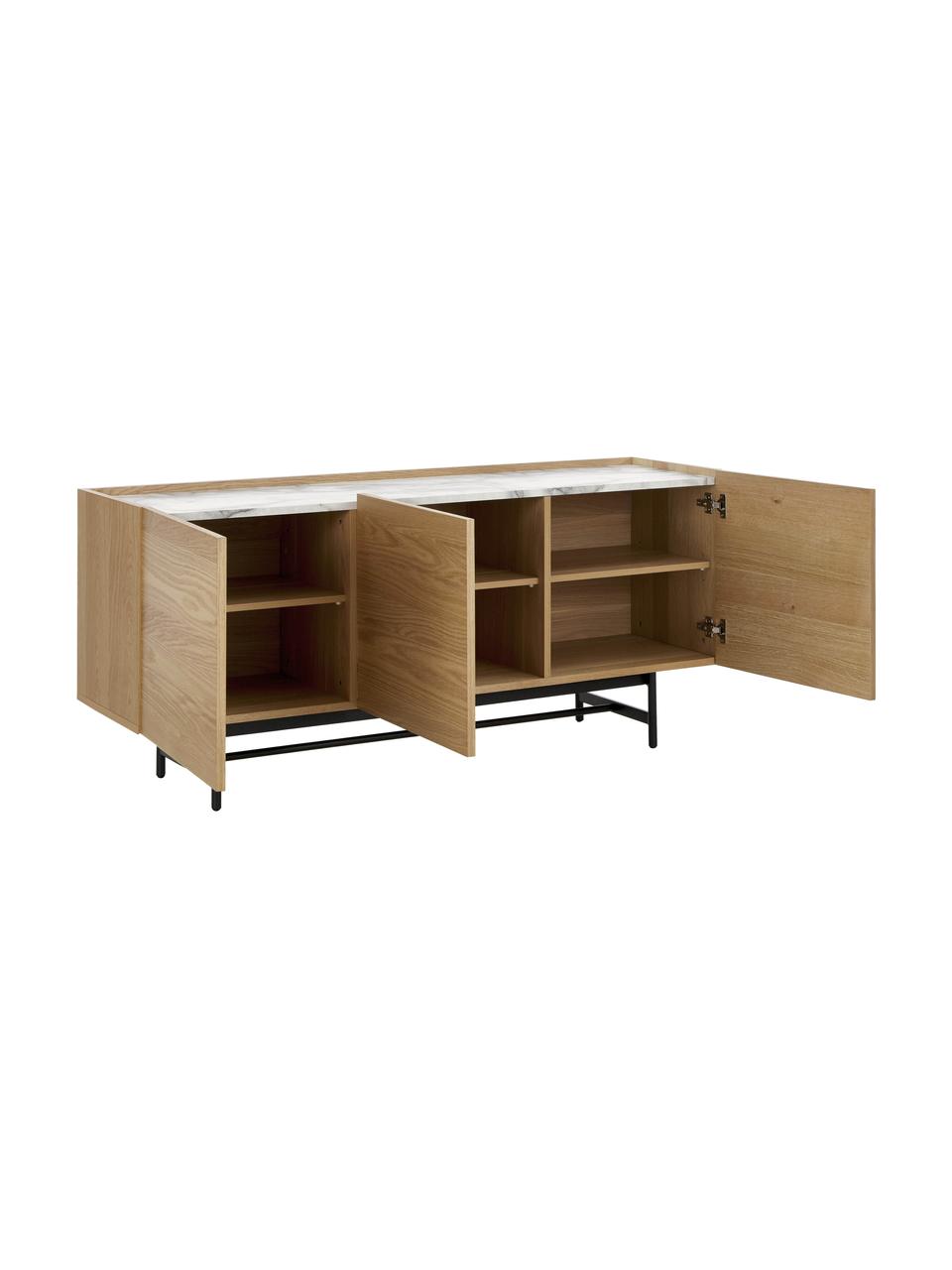 Eikenhouten dressoir Carare, Frame: MDF met eikenhoutfineer, Poten: gecoat metaal, Tafelblad: MDF, in folie, Bruin, zwart, wit, gemarmerd, 160 x 70 cm