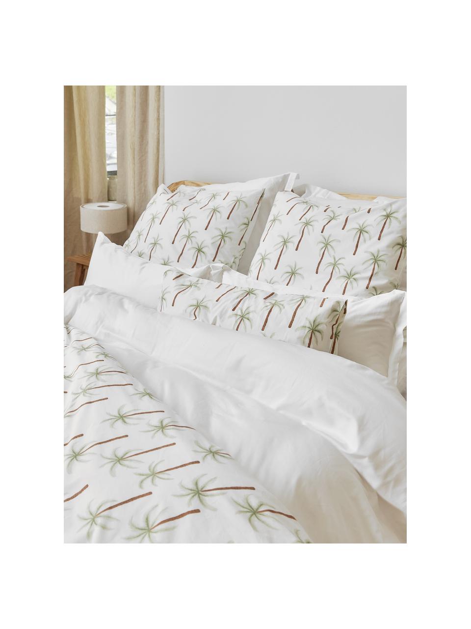 Parure de lit en percale de coton bio motif palmiers Martha, Blanc, motif palmier, larg. 200 x long. 200 cm + 2 taies d'oreiller 80 x 80 cm