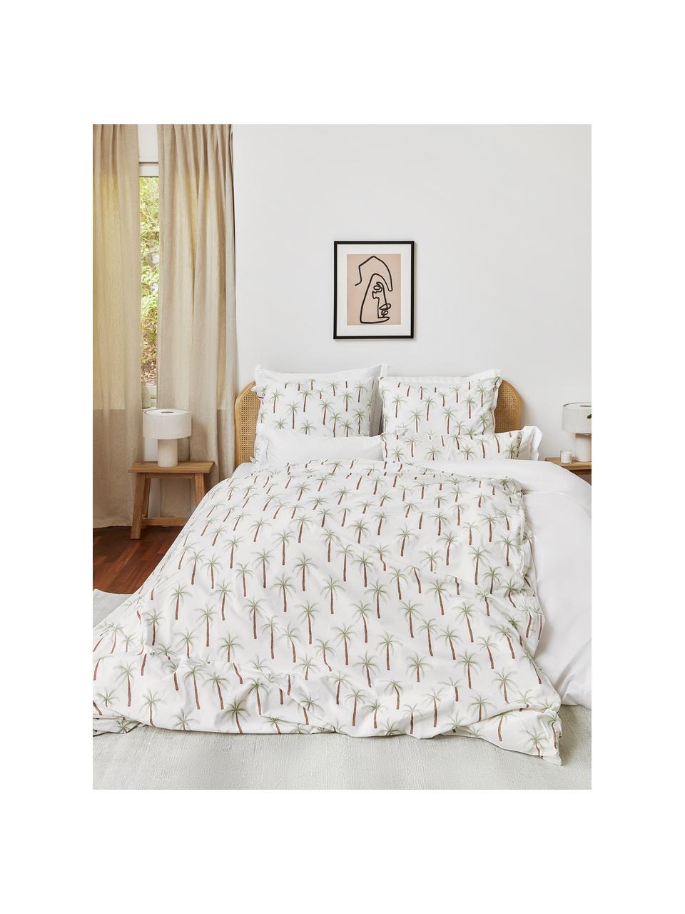 Parure de lit en percale de coton bio motif palmiers Martha, Blanc, motif palmier, larg. 200 x long. 200 cm + 2 taies d'oreiller 80 x 80 cm