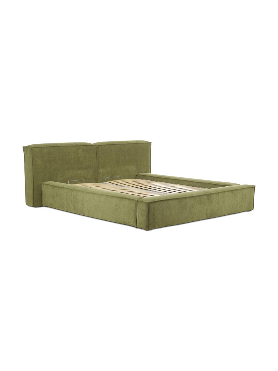 Cama tapizada en pana Lennon, con espacio de almacenamiento, Tapizado: pana (98% poliéster, 2% p, Estructura: madera de pino maciza con, Patas: madera con certificado FS, Pana verde oscuro, An 160 x L 200 cm