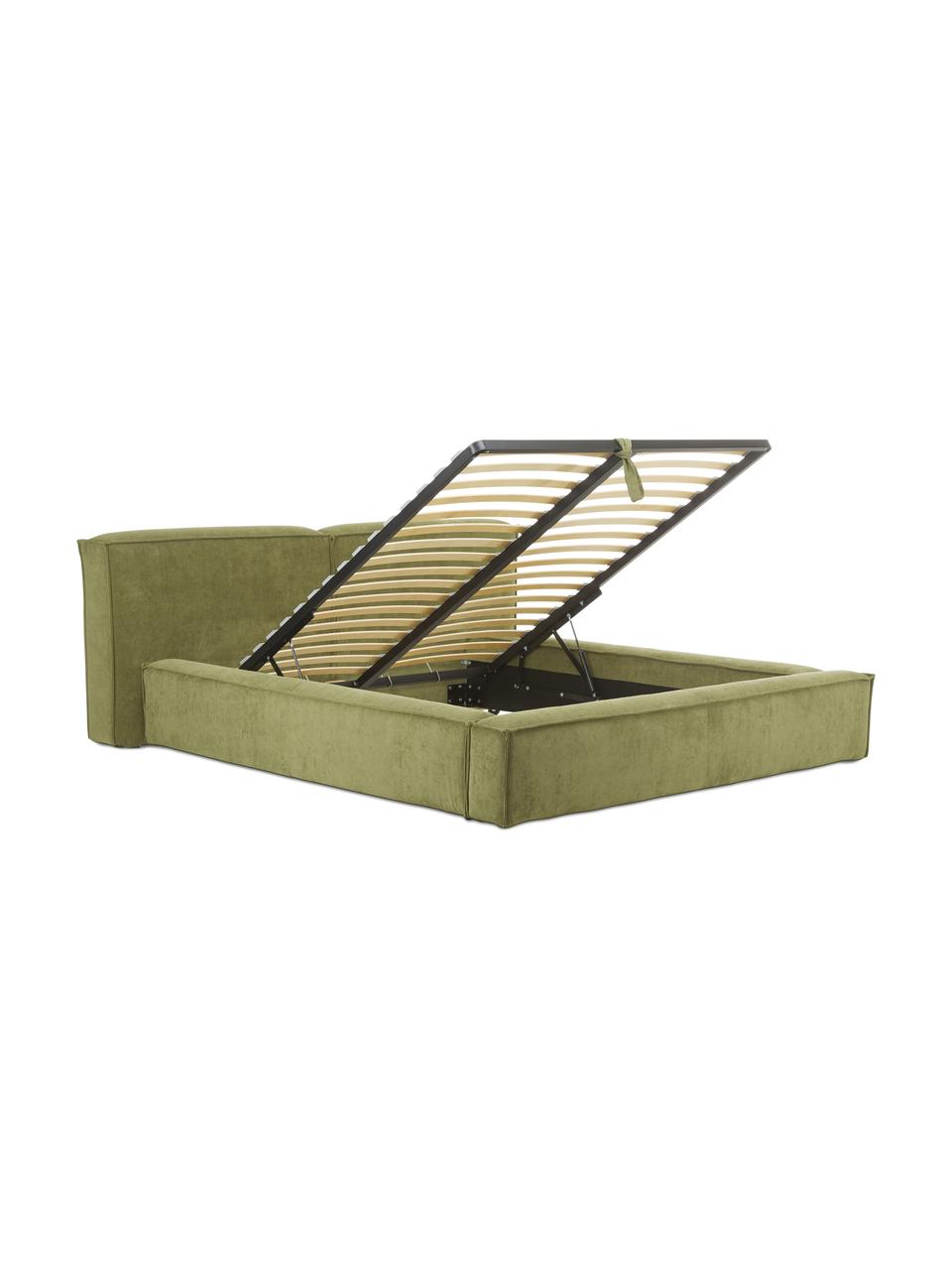 Cama tapizada en pana Lennon, con espacio de almacenamiento, Tapizado: pana (98% poliéster, 2% p, Estructura: madera de pino maciza con, Patas: madera con certificado FS, Pana verde oscuro, An 160 x L 200 cm