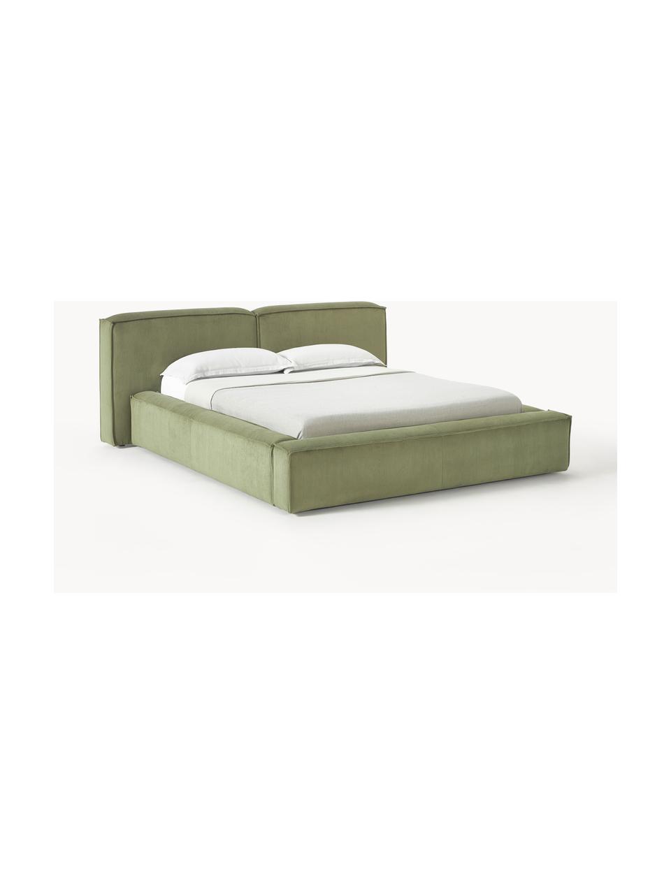 Gestoffeerd bed Lennon van corduroy met opbergfunctie, Bekleding: corduroy (98% polyester, , Frame: massief grenenhout, FSC-g, Poten: hout, FSC-gecertificeerd,, Corduroy olijfgroen, B 160 x L 200 cm