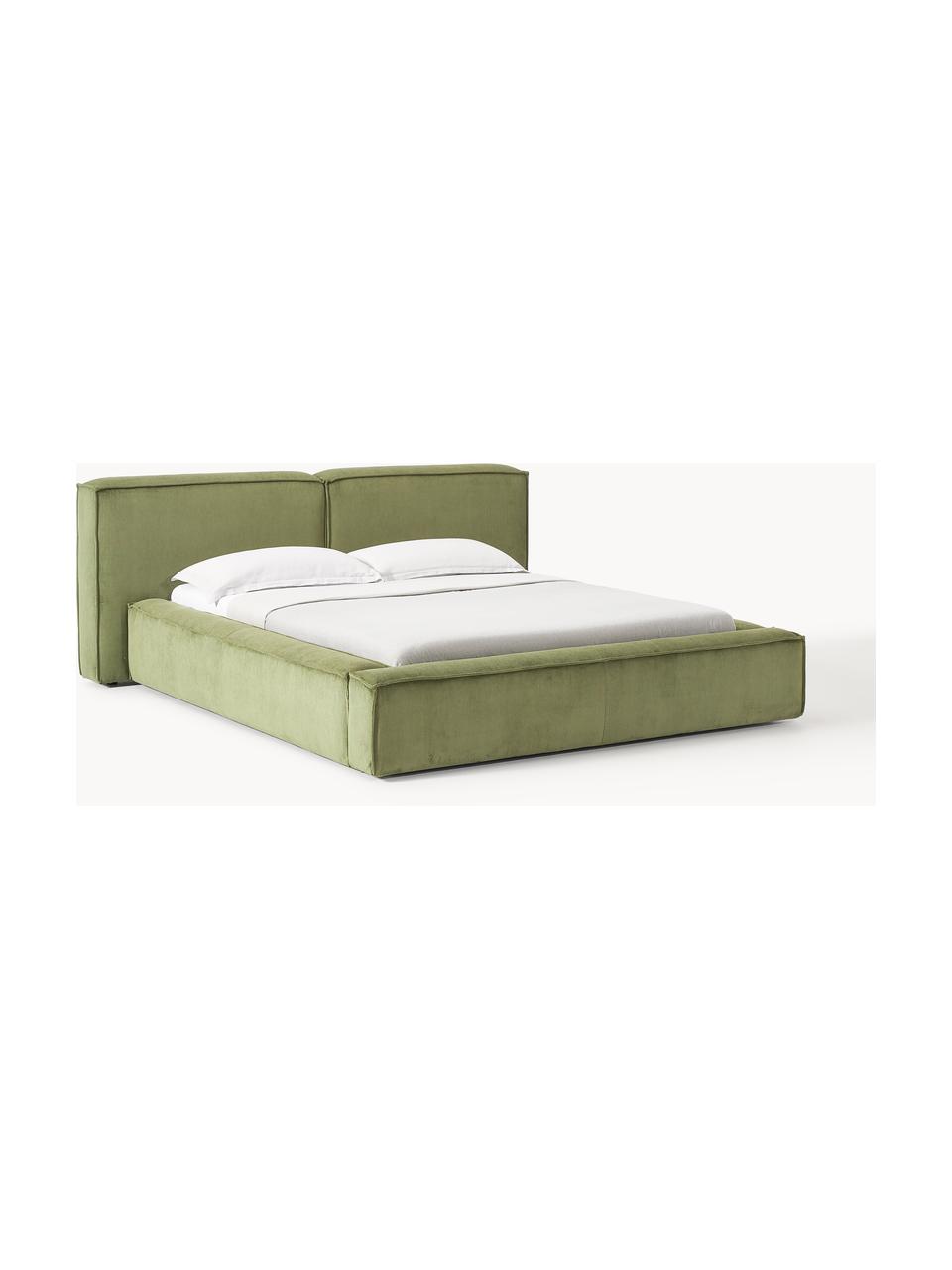 Gestoffeerd bed Lennon van corduroy met opbergfunctie, Bekleding: corduroy (98% polyester, , Frame: massief grenenhout, multi, Poten: hout, kunststof Dit produ, Corduroy olijfgroen, B 228 x L 243 cm (ligvlak 160 x 200 cm)