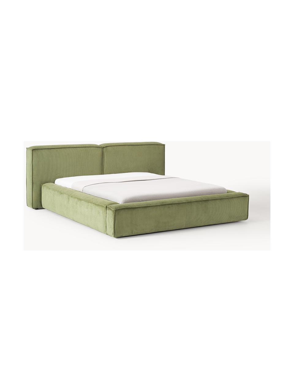 Cama tapizada en pana Lennon, con espacio de almacenamiento, Tapizado: pana (98% poliéster, 2% p, Estructura: madera de pino maciza, ma, Patas: madera, plástico Este pro, Pana verde oliva, An 228 x L 243 cm (colchón 160 x 200 cm)