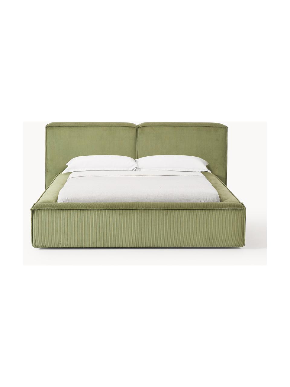 Cama tapizada en pana Lennon, con espacio de almacenamiento, Tapizado: pana (98% poliéster, 2% p, Estructura: madera de pino maciza, ma, Patas: madera, plástico Este pro, Pana verde oliva, An 228 x L 243 cm (colchón 160 x 200 cm)