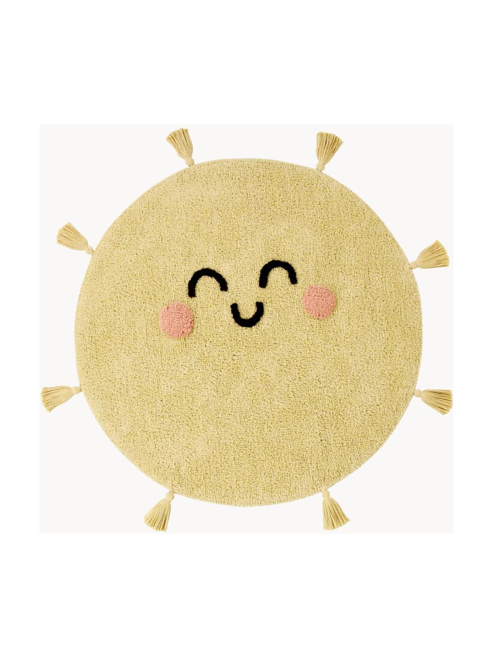 Handgewebter Kinderteppich You're My Sunshine mit Quasten, waschbar, Flor: 97 % Baumwolle, 3 % Kunst, Senfgelb, Ø 100 cm (Grösse S)