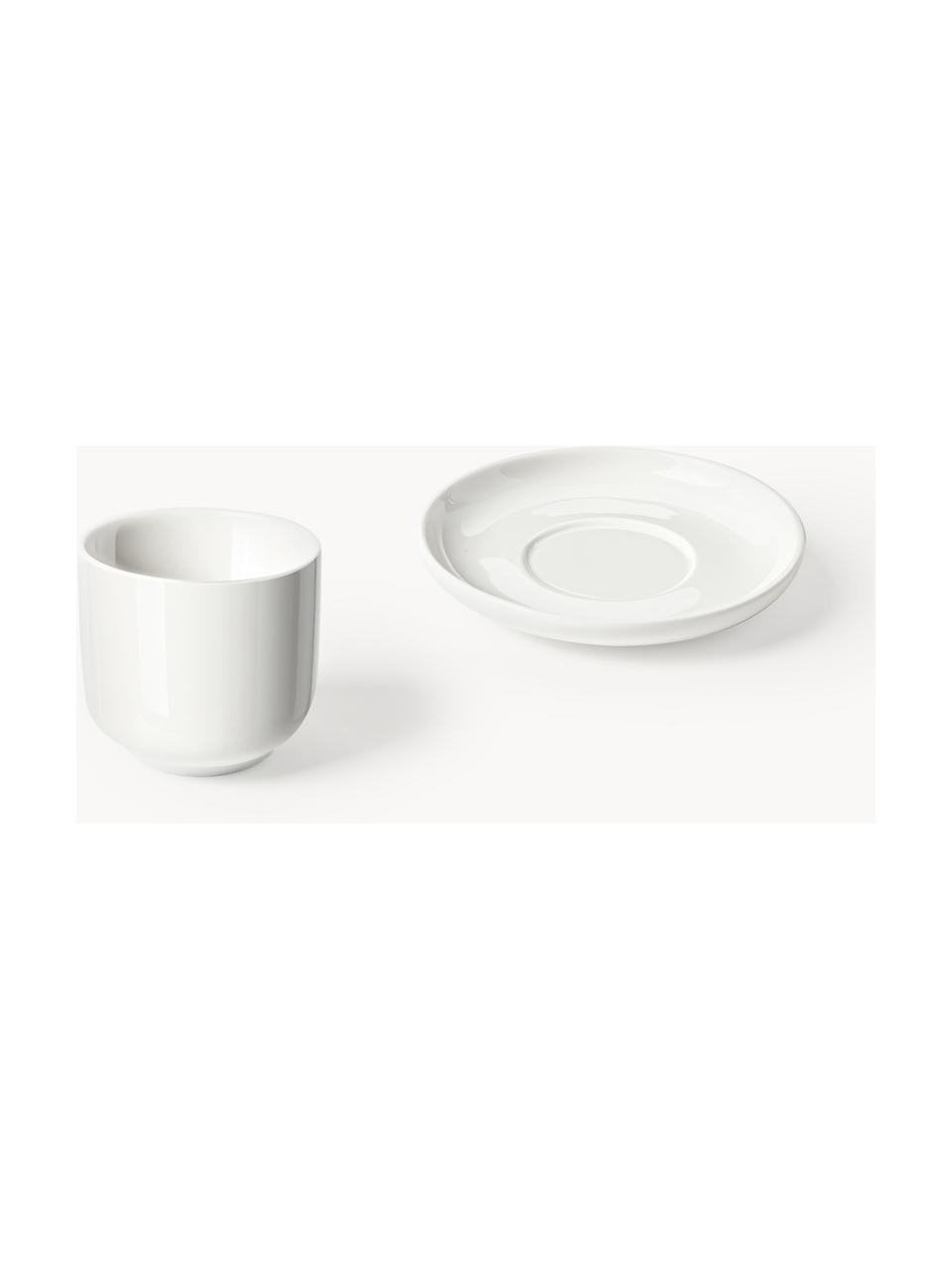 Tazas de café espresso de porcelana con platitos Nessa, 4 uds., Porcelana dura de alta calidad, esmaltada, Off White brillante, Ø 7 x Al 6 cm, 90 ml