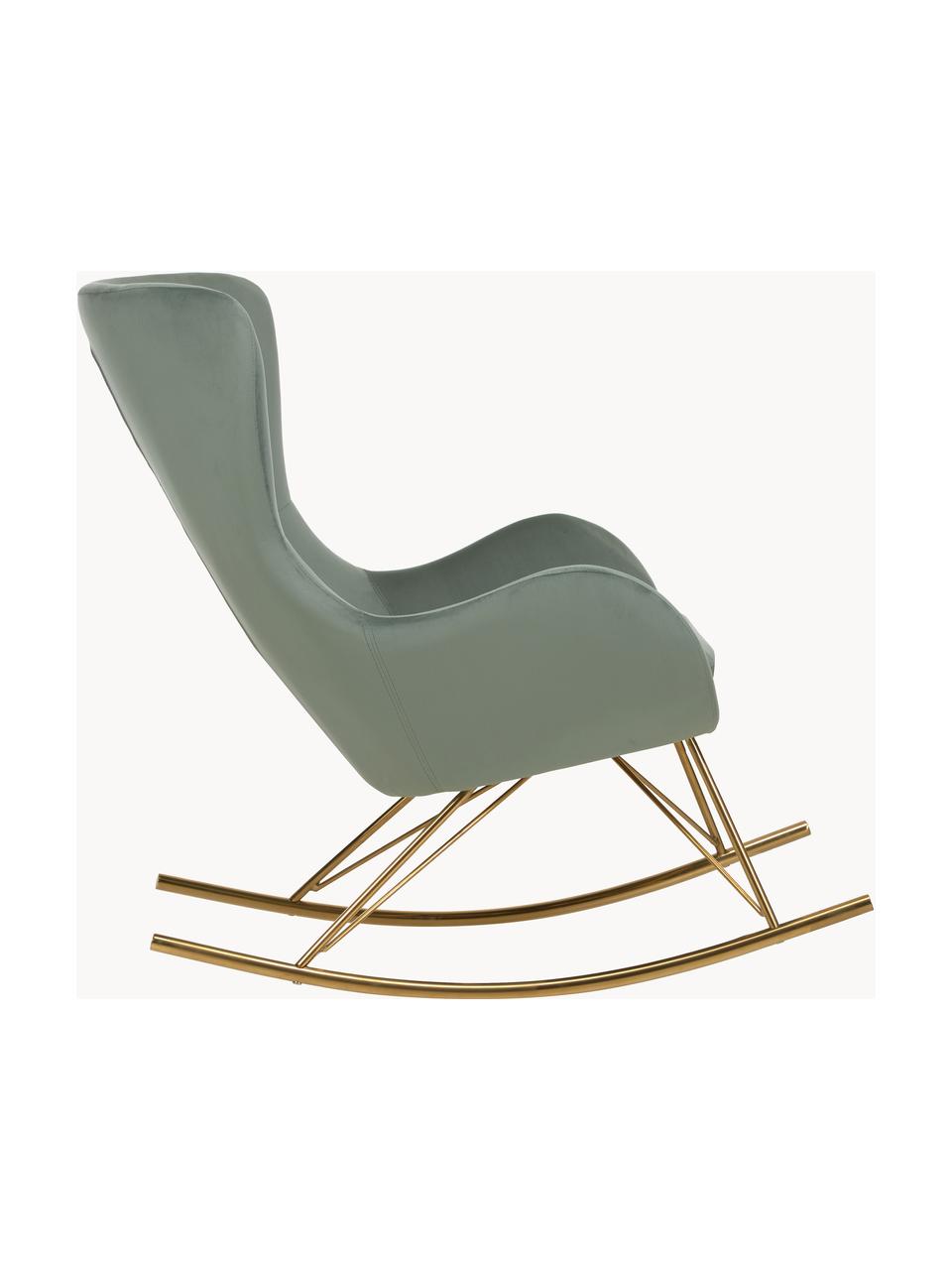 Fauteuil à bascule en velours avec pieds en métal Wing, Velours vert sauge, doré, larg. 76 x prof. 108 cm