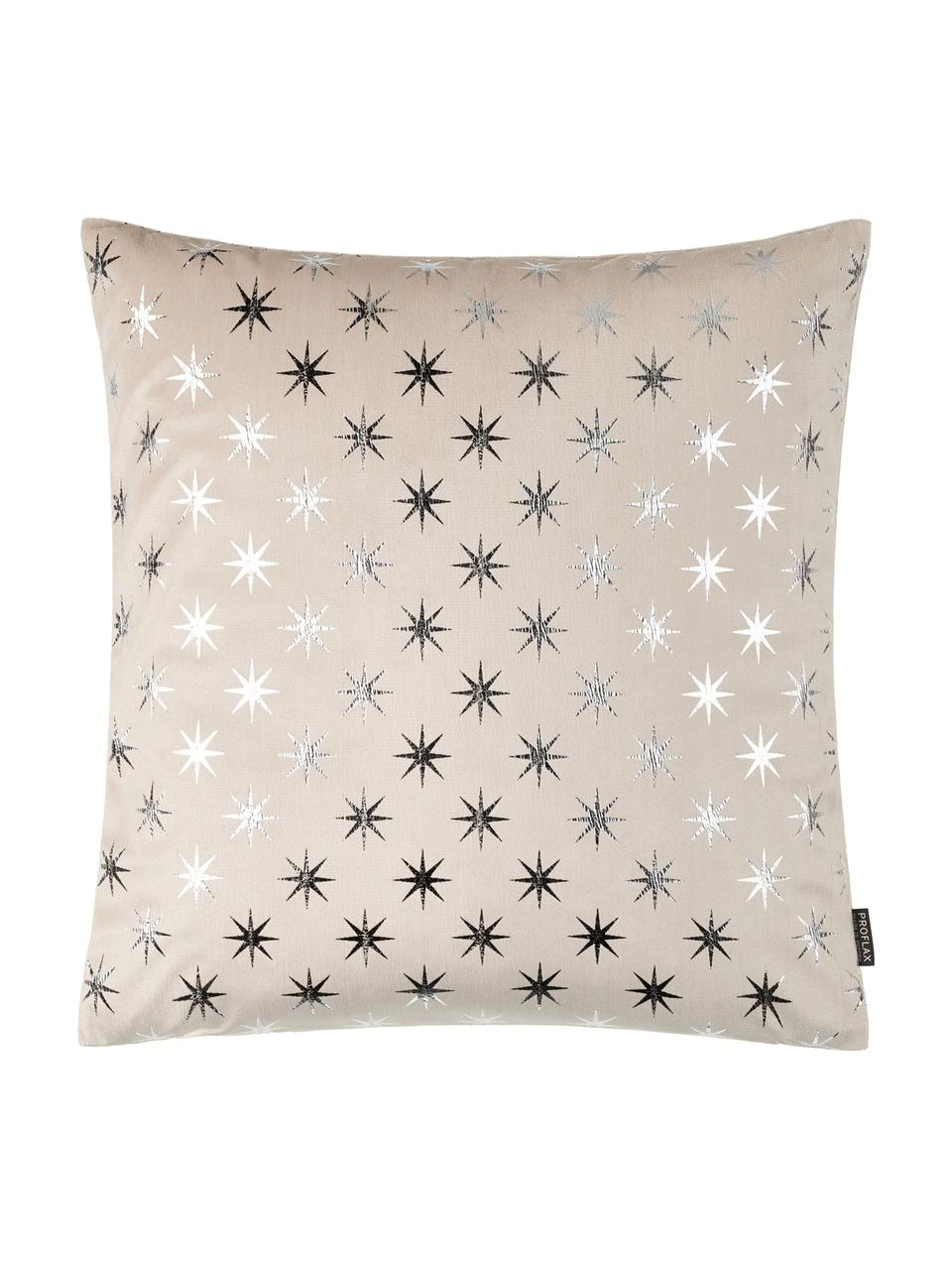 Kussenhoes Cosmos met zilveren sterren, Polyester, Zandkleurig, zilverkleurig, 40 x 40 cm