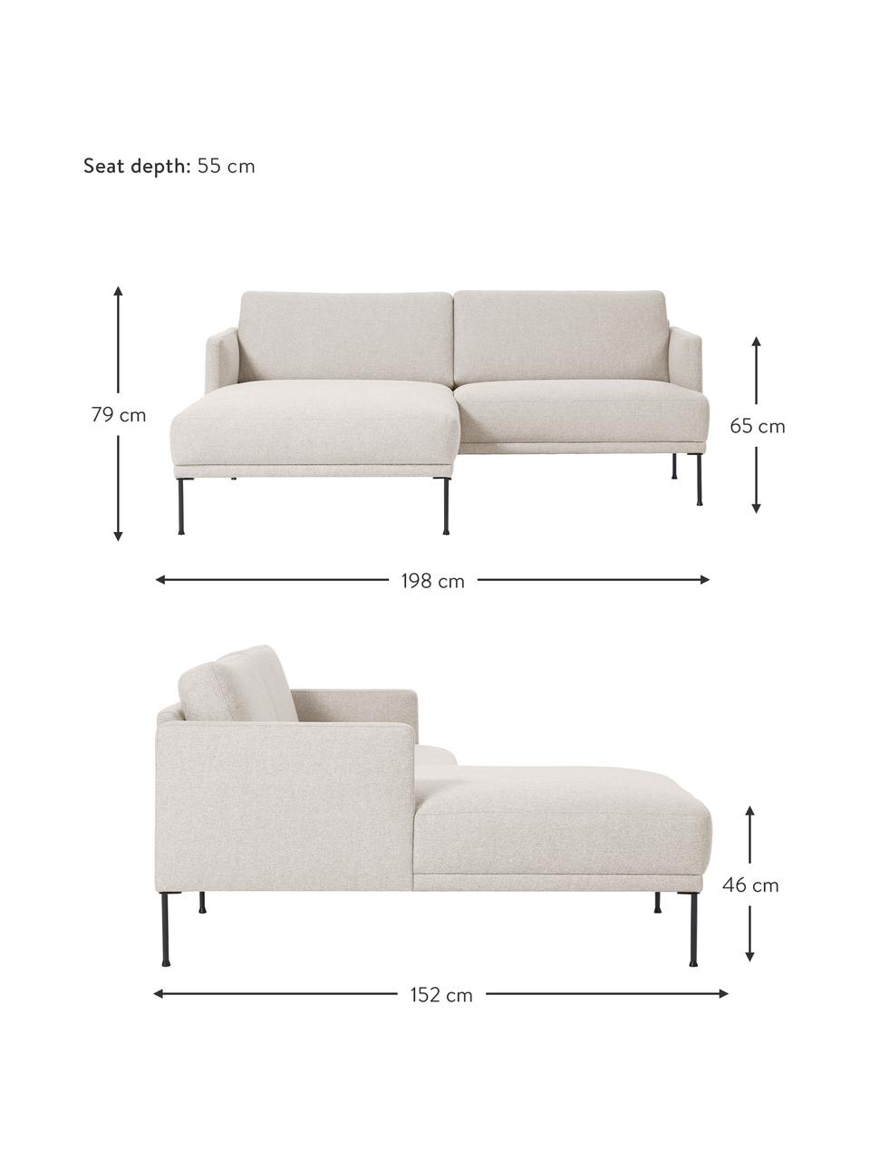 Kleine hoekbank Fluente met metalen poten, Bekleding: 100% polyester De slijtva, Frame: massief grenenhout, FSC-g, Poten: gepoedercoat metaal, Geweven stof beige, B 198 x D 152 cm, hoekdeel links