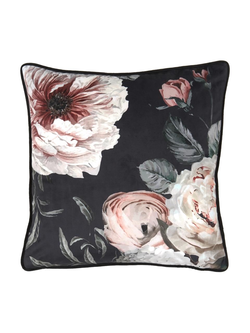 Federa arredo in velluto con stampa floreale Blossom, 100% velluto di poliestere, Nero, Larg. 45 x Lung. 45 cm