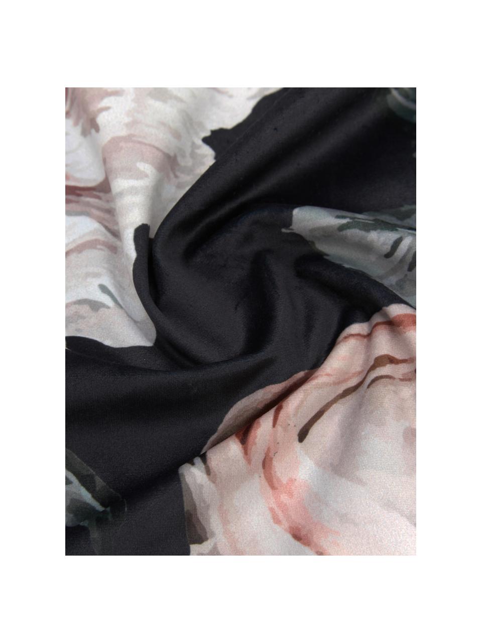 Fluwelen kussenhoes Blossom met bloemenprint, 100% polyester fluweel, Zwart, B 45 x L 45 cm