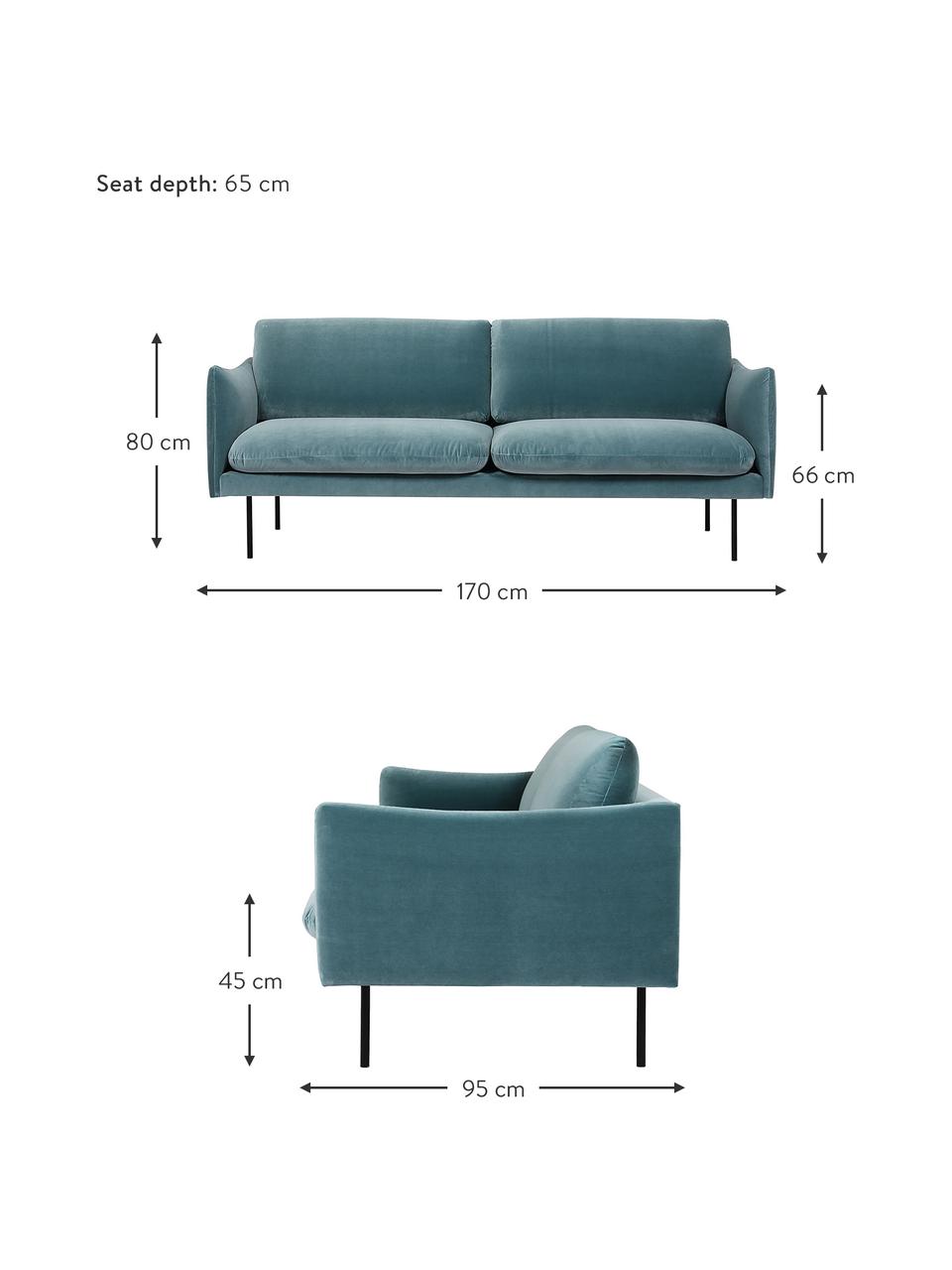 Canapé 2 places en velours pieds en métal Moby, Velours turquoise, larg. 170 x prof. 95 cm