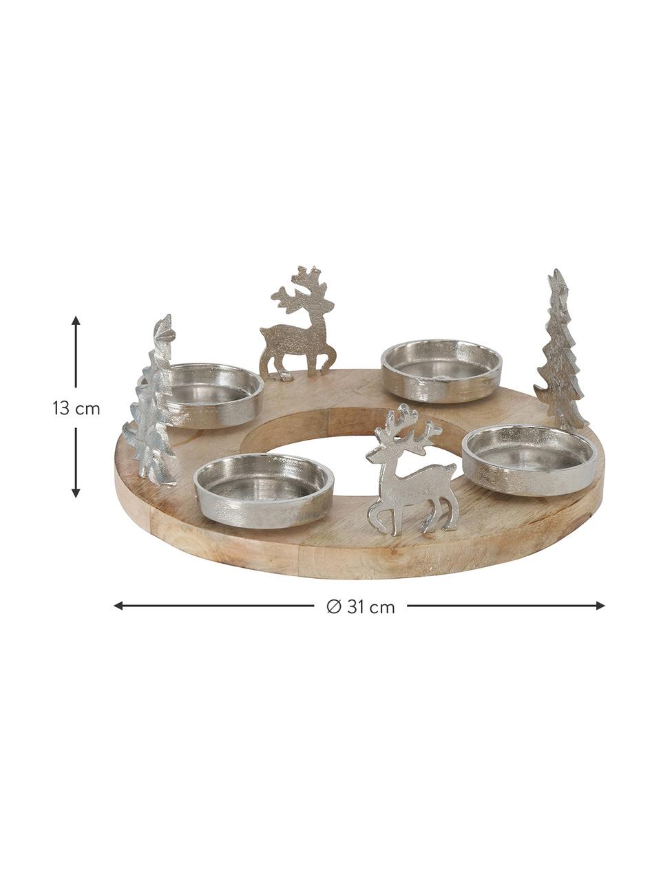 Kerzenhalter Janni, Kerzenhalter: Metall, Sockel: Holz, Silberfarben, Helles Holz, Ø 31 x H 13 cm
