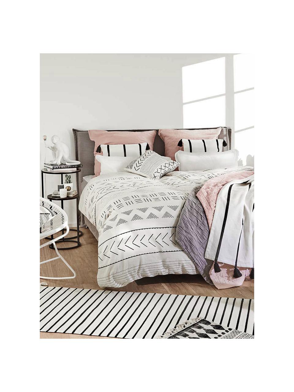 Biancheria da letto boho in cotone lavato Kohana, Bianco crema, nero, 255 x 200 cm, 3 pz