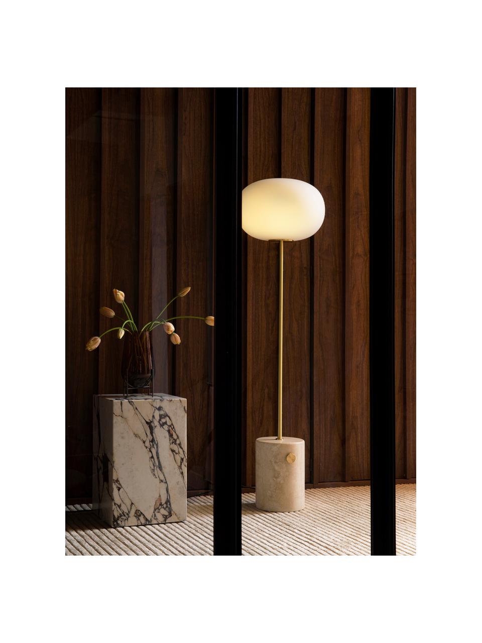 Lampada da terra dimmerabile con base in travertino JWDA, Paralume: vetro opale, Struttura: metallo rivestito, Base della lampada: travertino, Beige effetto travertino, Alt. 150 cm