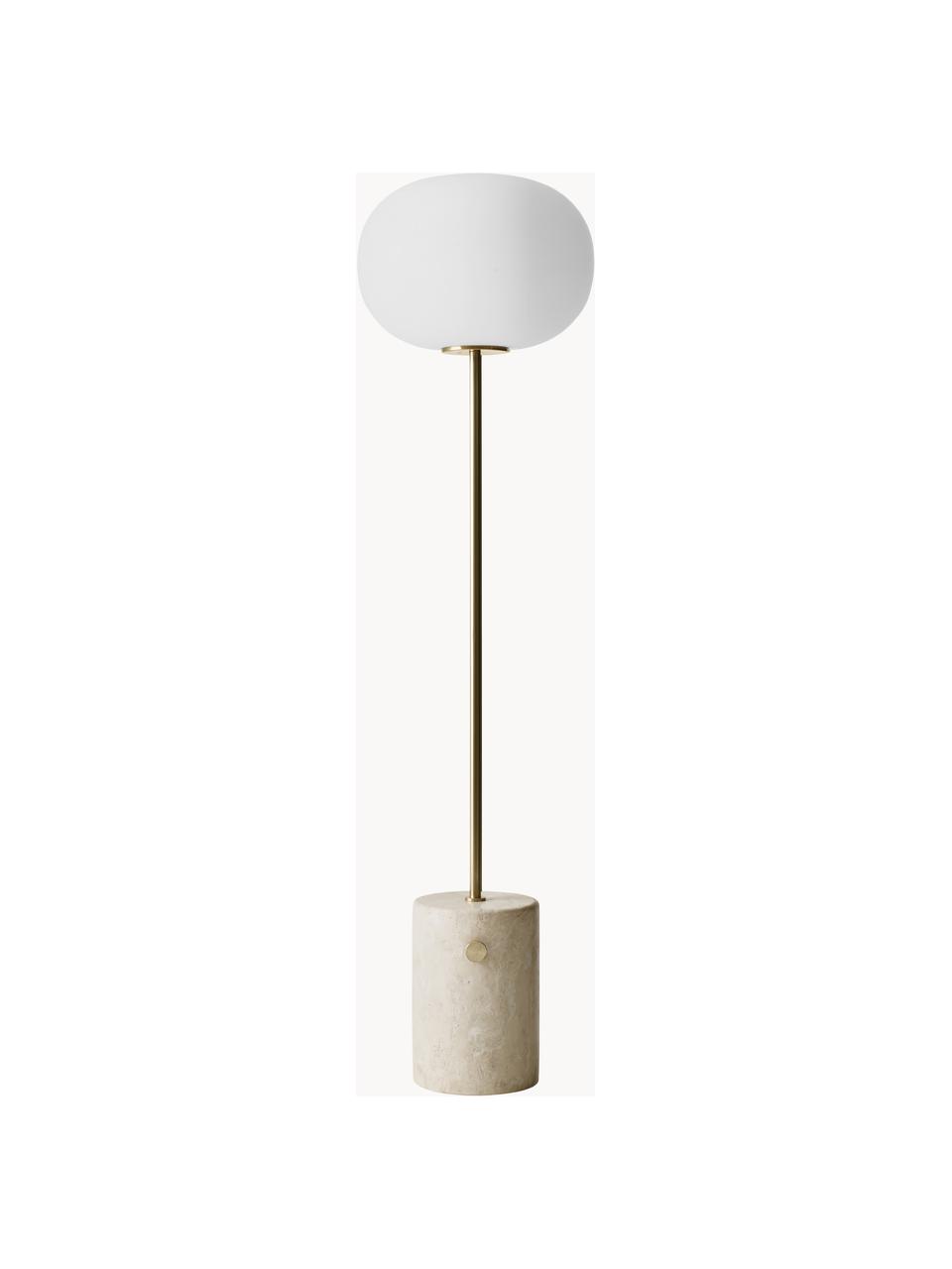 Lampada da terra dimmerabile con base in travertino JWDA, Paralume: vetro opale, Struttura: metallo rivestito, Base della lampada: travertino, Beige effetto travertino, Alt. 150 cm