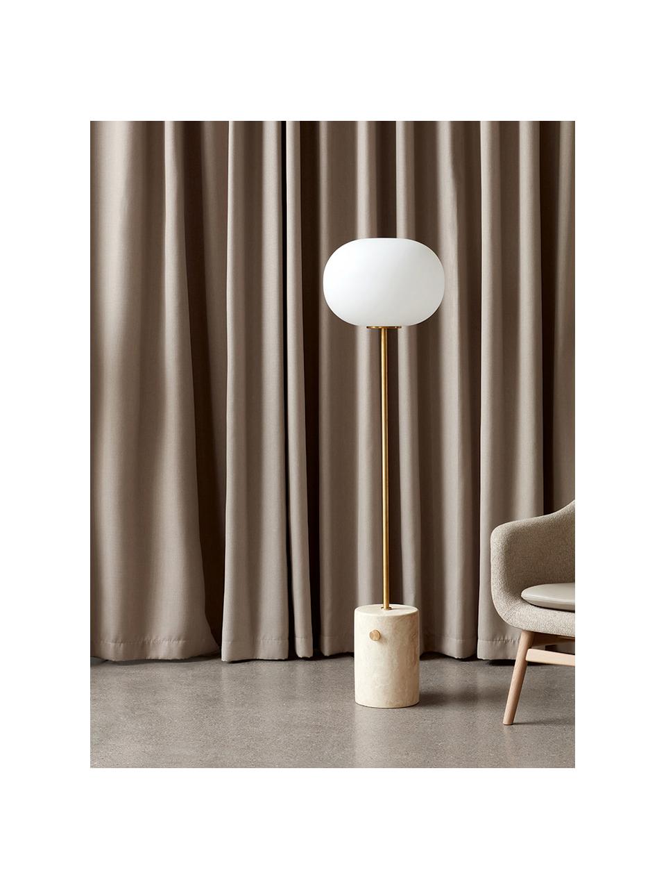 Dimbare vloerlamp JWDA met travertijn voet, Lampenkap: opaalglas, Frame: gecoat metaal, Lampvoet: travertijn, Beige, travertijn look, goudkleurig, H 150 cm