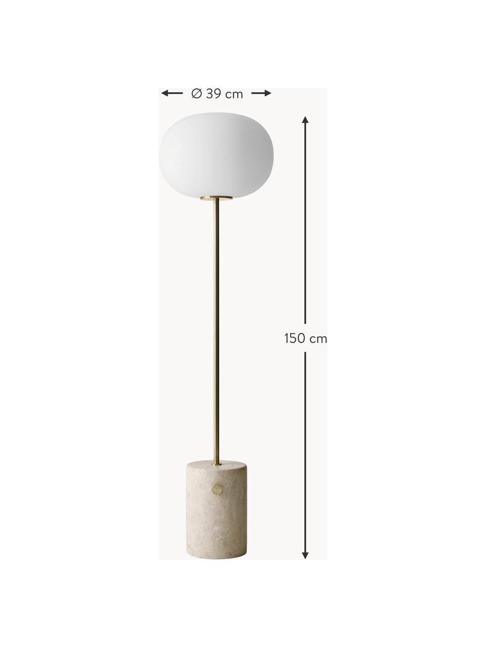 Lámpara de pie regulable de travertino JWDA, Pantalla: vidrio opalino, Estructura: metal recubierto, Cable: cubierto en tela, Travertino beige, blanco, Al 150 cm