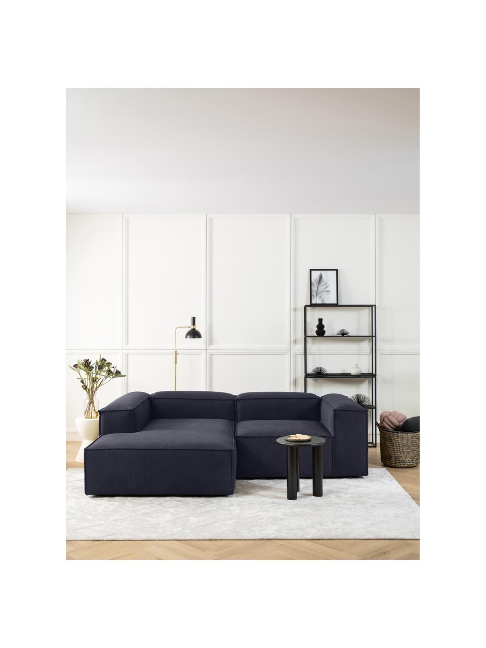 Canapé d'angle modulable Lennon, Tissu bleu foncé, larg. 238 x prof. 180 cm, méridienne à gauche