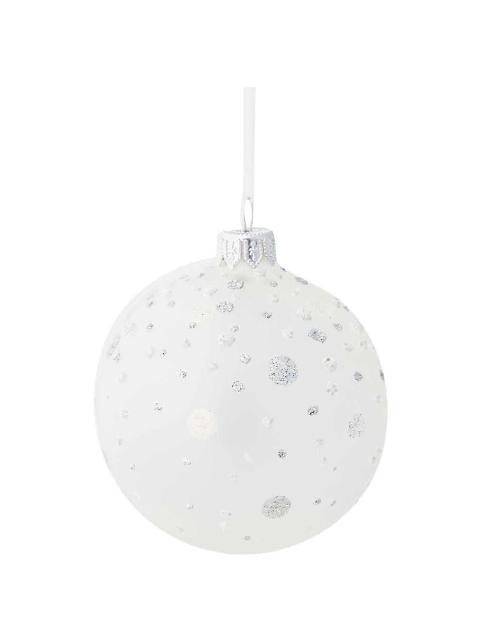 Boules de Noël soufflées bouche Dotty, 6 élém., Verre, Blanc, argenté, Ø 8 cm