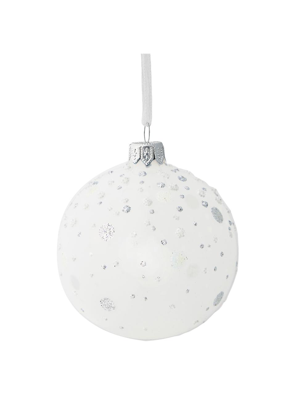 Mondgeblazen kerstballen Dotty, set van 6, Glas, Wit, zilverkleurig, Ø 8 cm